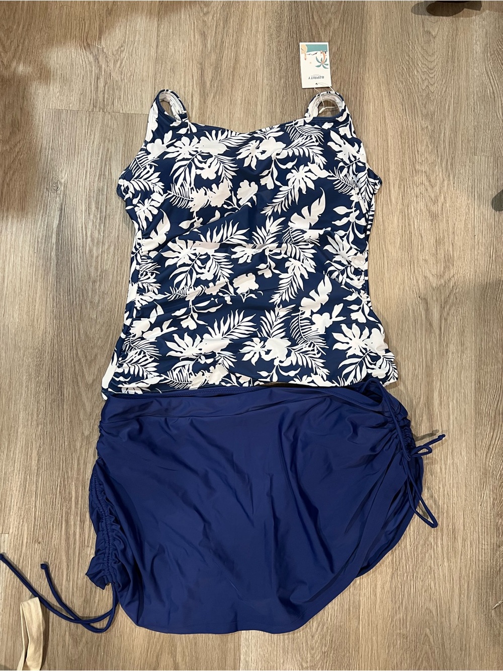 Navy & White Floral Tankini with Navy Skirted Bottom